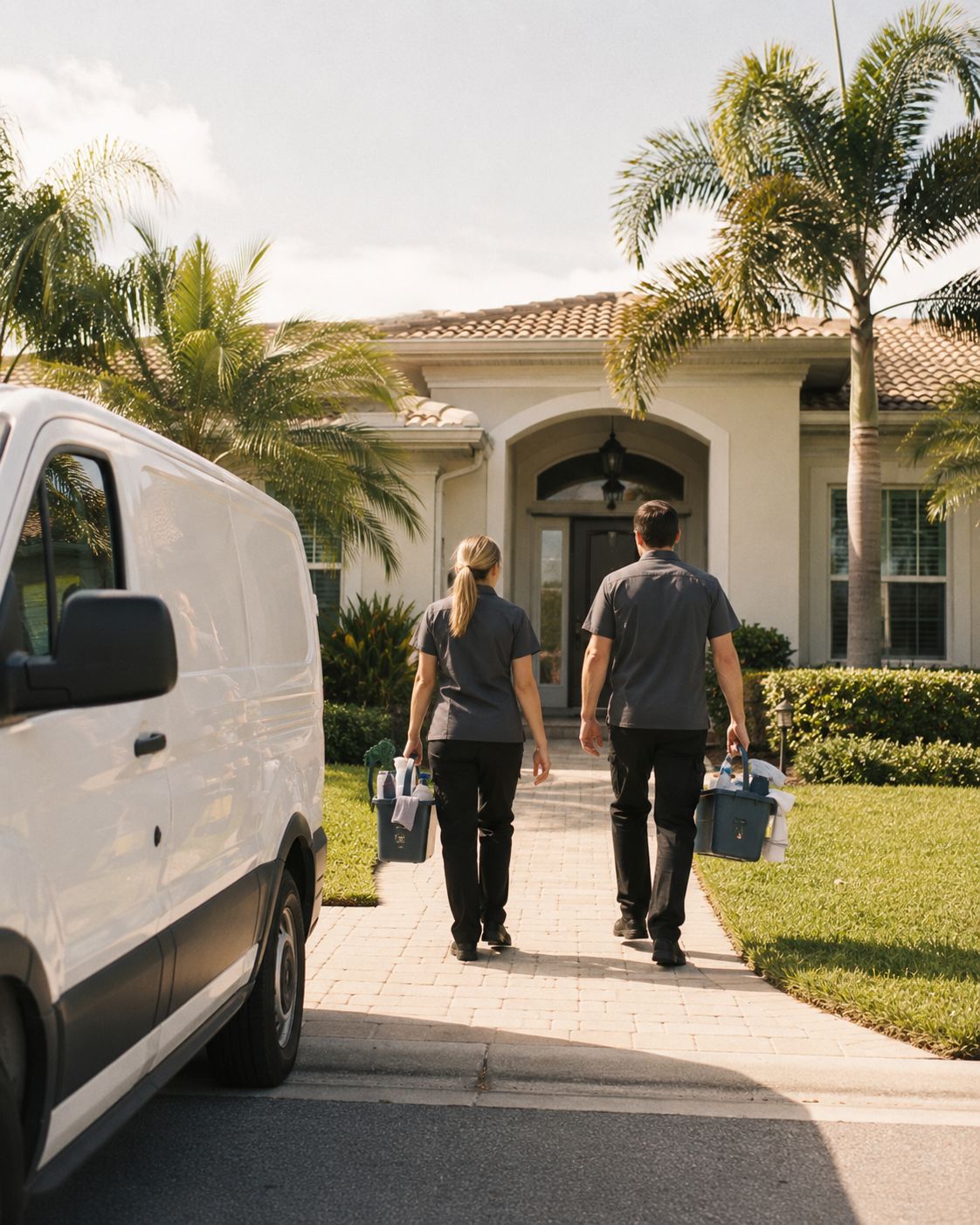 Two cleaners walking up to a Florida home